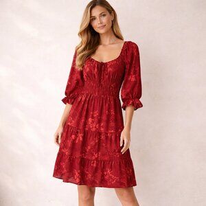 Mary & Mo Floral Dress Womens 1XL RedTiered Babydoll Boho Cottagecore Fallcore